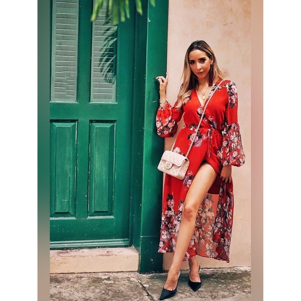 Re:named Boho Maximalist Red Floral Wrap Maxi Dress with Long Bishop Sleeves‎